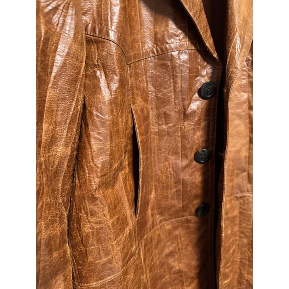 Perverze Jacket Womens Medium Brown Faux Leather Long Coat Button Up Retro Look - Picture 10 of 16